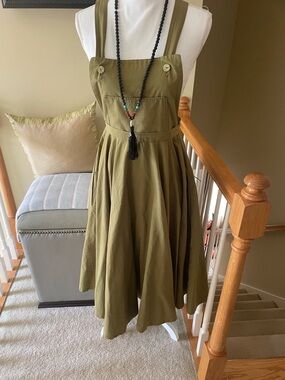 Olive Green Pinafore Midi Dress with Wide Straps -EUC